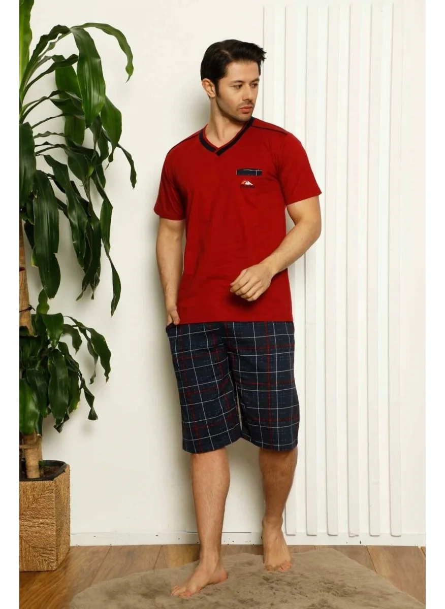 Bie'S Men's Plaid Pattern V Neck Buttonless 100% Cotton Short Sleeve Pocket Shorts Pajama Set