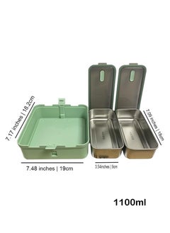 Brain Giggles BrainGiggles 2 Compartments Stainless Steel With Handle Lunch Box with Removable Inner Tray Bento Box for Kids Adults Multifunctional Air Tight Food Container - Green  - Image 2