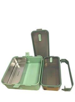 Brain Giggles BrainGiggles 2 Compartments Stainless Steel With Handle Lunch Box with Removable Inner Tray Bento Box for Kids Adults Multifunctional Air Tight Food Container - Green  - Image 4