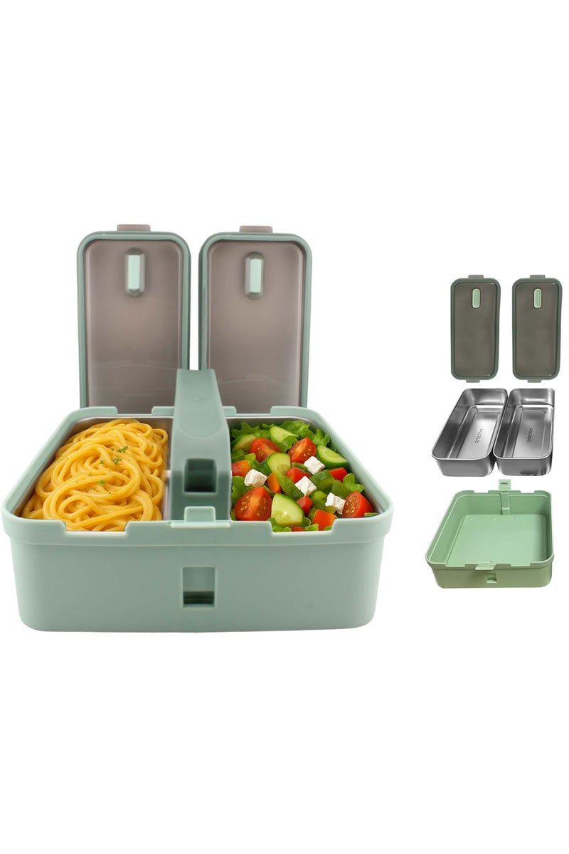Brain Giggles BrainGiggles 2 Compartments Stainless Steel With Handle Lunch Box with Removable Inner Tray Bento Box for Kids Adults Multifunctional Air Tight Food Container - Green - Image 2