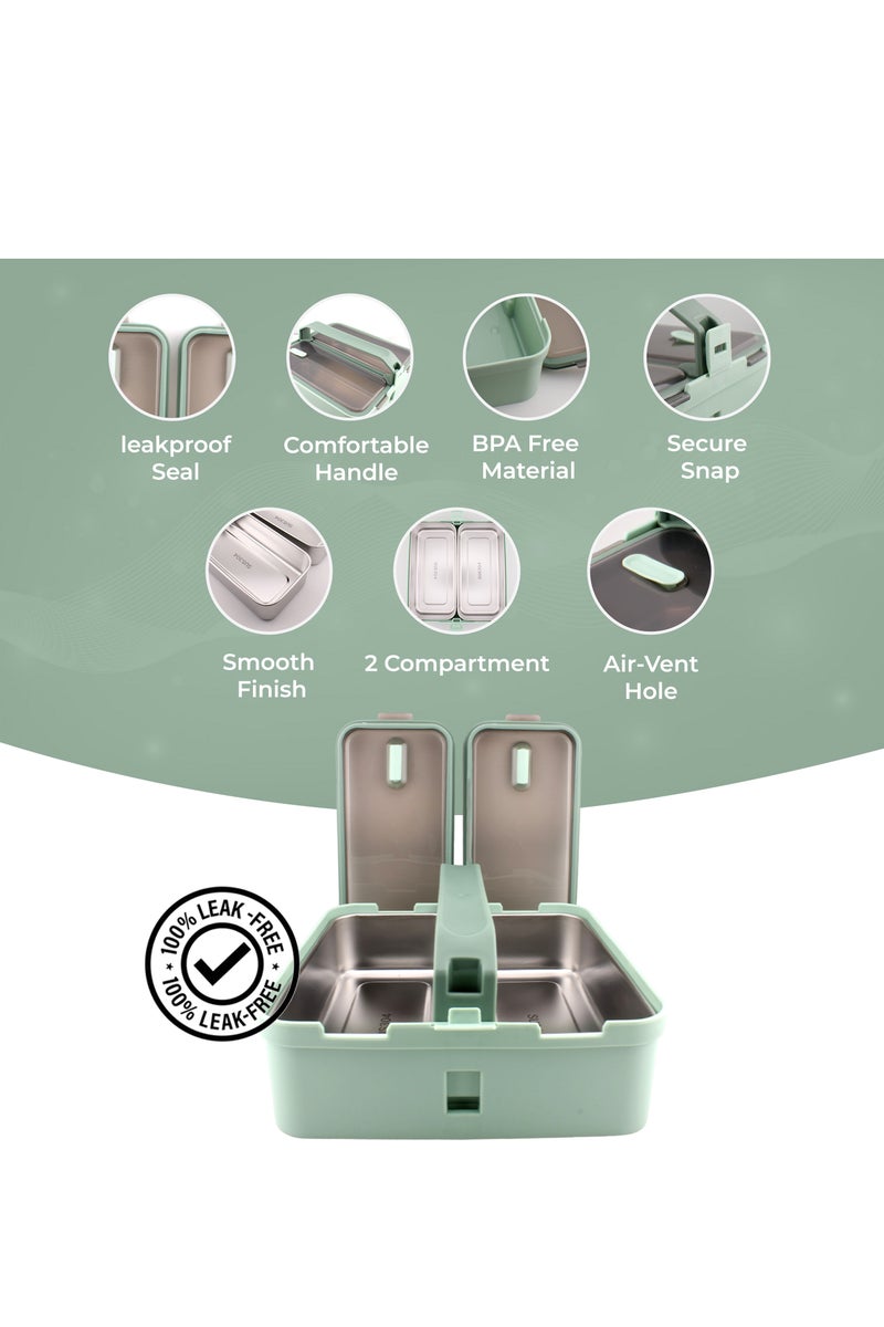 Brain Giggles BrainGiggles 2 Compartments Stainless Steel With Handle Lunch Box with Removable Inner Tray Bento Box for Kids Adults Multifunctional Air Tight Food Container - Green - Image 4