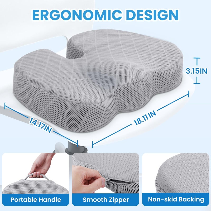 TushGuard Office/Car Seat Cushion, Non-Slip Sciatica & Back Coccyx Tailbone Pain Relief Chair Pad, Memory Foam Butt Pillow for Computer Desk, Wheelchair, Driving (Light Grey) - Image 2