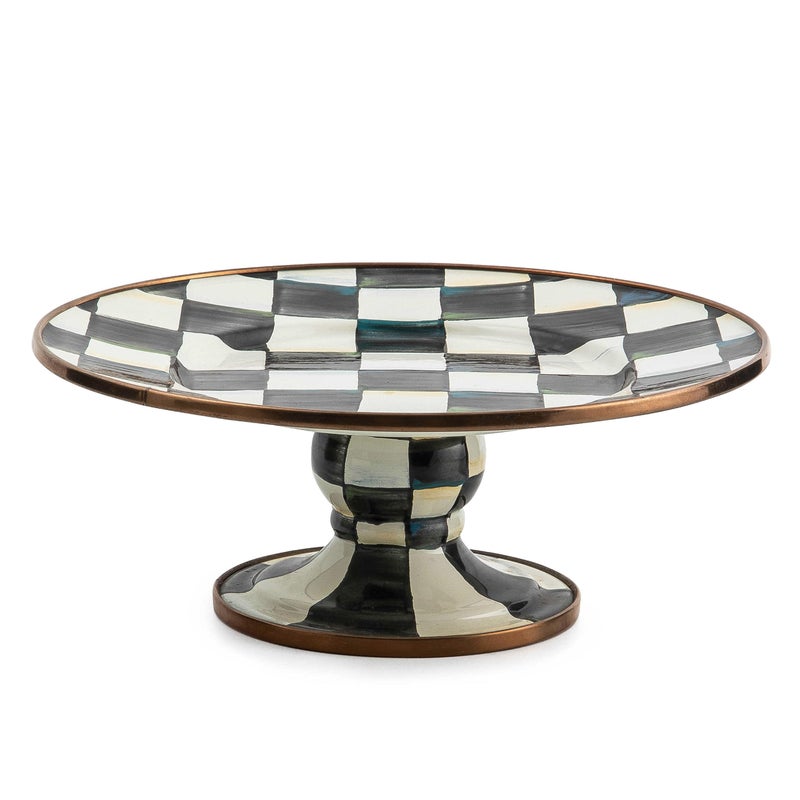 mackenzie childs MACKENZIE-CHILDS Enamel Pedestal Serving Platter, Decorative Serving Dish for Food, Mini, Black-and-White Courtly Check - Image 1