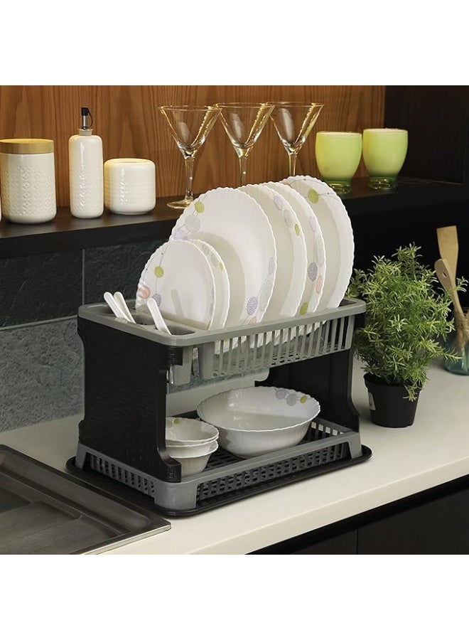 Royalford 2 Layer Rattan Dish Drainer High-Efficiency Compact Design Premium Quality Plastic Durable Construction Convenient Moving Multi Color Assorted Color Made In Turkey - Image 1