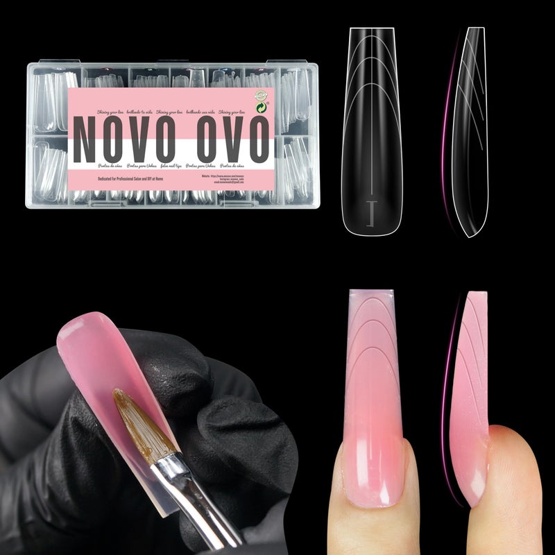 NOVO OVO Tapered Square (Sculpted) Nail Dual Forms for Poly Gel Extension with Guiding Line Inside, XL XXL Reusable Full Cover Acrylic Builder Hard Gel Polygel Molds x 15 sizes 150 Pcs - Image 1