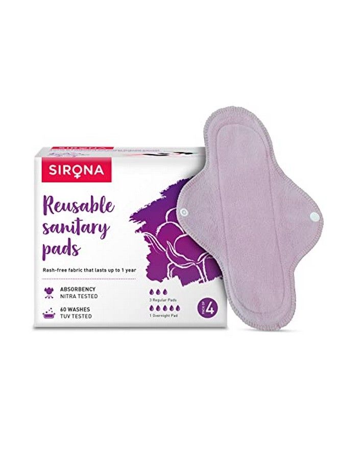 Sirona Reusable Sanitary Pads For Women (3 Regular Pads + 1 Overnight Pad) ; Rash Free Fabric ; Lasts Up To 1 Year ; Highly Absorbent & Skin Friendly - Image 1