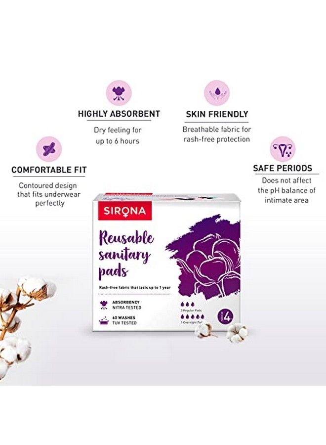 Sirona Reusable Sanitary Pads For Women (3 Regular Pads + 1 Overnight Pad) ; Rash Free Fabric ; Lasts Up To 1 Year ; Highly Absorbent & Skin Friendly - Image 4
