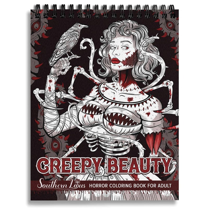 SOUTHERN LOTUS Creepy Beauty Coloring Book Wirebound for Adults Women Girls Seniors Family with Horror Illustrations Holiday Birthday Art Lover Gifts Relieve Stress Relaxation Mindfulness  - Image 1