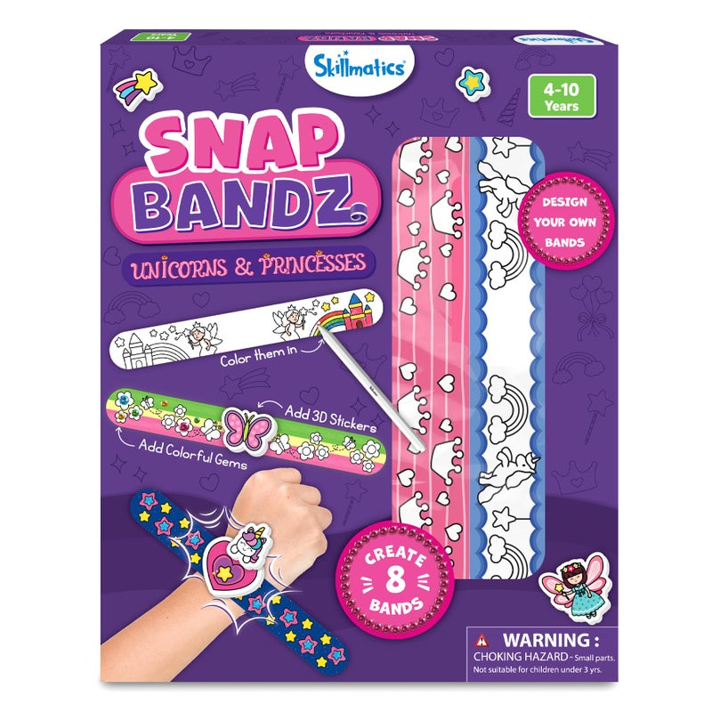 Skillmatics Craft Activity - Snap Bandz, Unicorns & Princesses, DIY Art & Craft Activity, Easter Basket Stuffers, Mess-Free Kit, 8 Bands (8.6"), Gift for Girls & Boys Ages 4, 5, 6, 7, 8, 9, 10 - Image 1