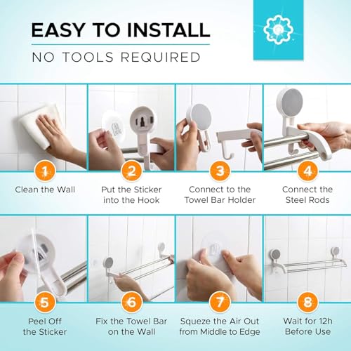 Boniry Self Adhesive Towel Holder | Bathroom Hanger Without Drilling | Strong Suction Wall Mount | Space-Saving Towel Bar for Kitchen or Bathroom, Easy Installation, Durable Design (2 Bars) - Image 2
