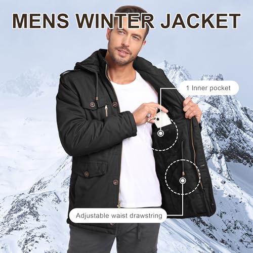 CHEXPEL Men's Winter Jackets with Removable Hood Fleece Lined Cotton Military Work Jackets Outerwear Coats with Pockets Black M - Image 5