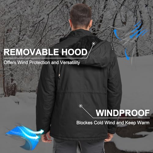 CHEXPEL Men's Winter Jackets with Removable Hood Fleece Lined Cotton Military Work Jackets Outerwear Coats with Pockets Black M - Image 4