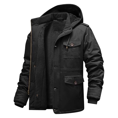 CHEXPEL Men's Winter Jackets with Removable Hood Fleece Lined Cotton Military Work Jackets Outerwear Coats with Pockets Black M - Image 1