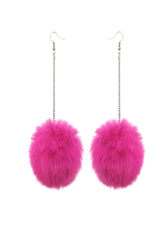 Handmade Soft Plush Faux Fur Fluffy Ball Dangle Drop Earrings - Colorful Pom Pom Earrings for Women - Winter Jewelry (Rose Pink)