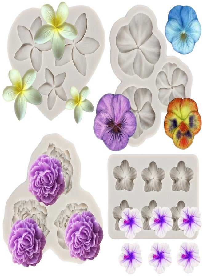 Sijiangmold Frangipani Plumeria Flower Silicone Mold Peony Flower Fondant Molds Pansy Flower Mold For Cupcake Topper Cake Decorating Chocolate Candy Polymer Clay Gum Paste Set Of 4 - Image 1