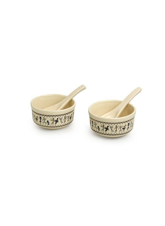 ExclusiveLane 'Whispers of Warli' Handpainted Ceramic Soup Bowl with Spoon Set of 2 (300 ML, Dishwasher & Microwave Safe Bowls) | Soup Bowl Ceramic Bowl Set of 2 Soup Bowl Set for Kitchen - Image 2