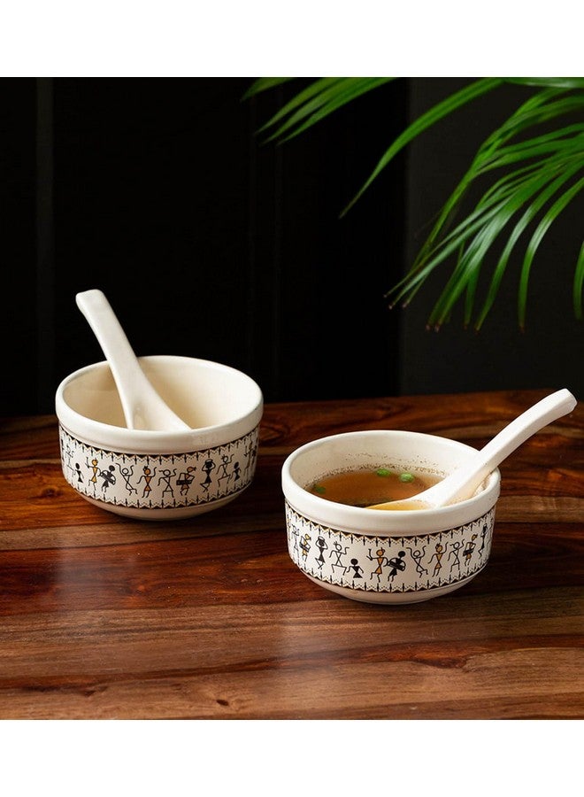 ExclusiveLane 'Whispers of Warli' Handpainted Ceramic Soup Bowl with Spoon Set of 2 (300 ML, Dishwasher & Microwave Safe Bowls) | Soup Bowl Ceramic Bowl Set of 2 Soup Bowl Set for Kitchen - Image 1