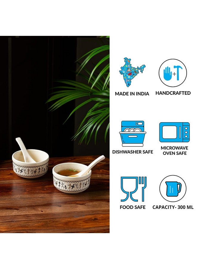 ExclusiveLane 'Whispers of Warli' Handpainted Ceramic Soup Bowl with Spoon Set of 2 (300 ML, Dishwasher & Microwave Safe Bowls) | Soup Bowl Ceramic Bowl Set of 2 Soup Bowl Set for Kitchen - Image 4