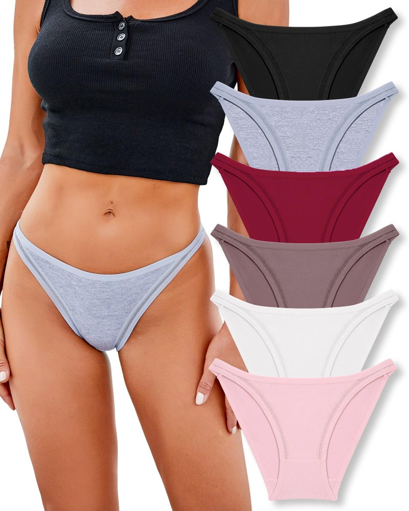 FINETOO 6 Pack String Underwear for Women Cotton High Cut Stretch Breathable Low Rise Hipster Cheeky Bikini Panties S-XL - Image 1