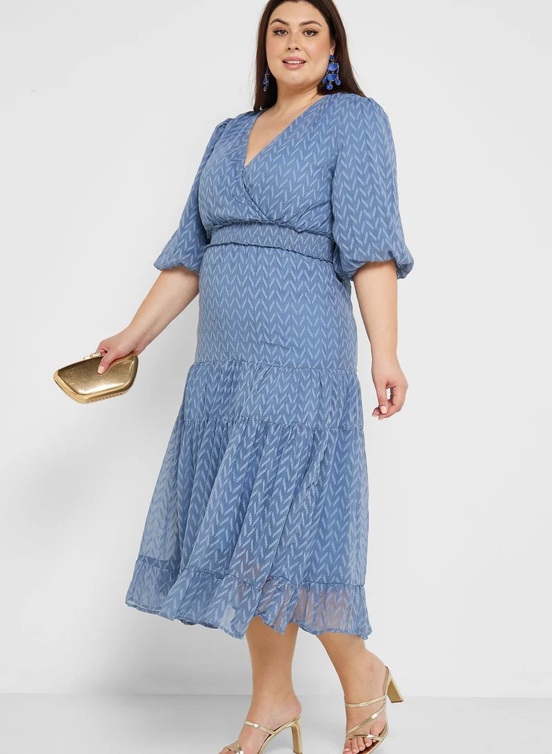 Ella Plus Belted Bell Sleeve Chevron Detail Dress