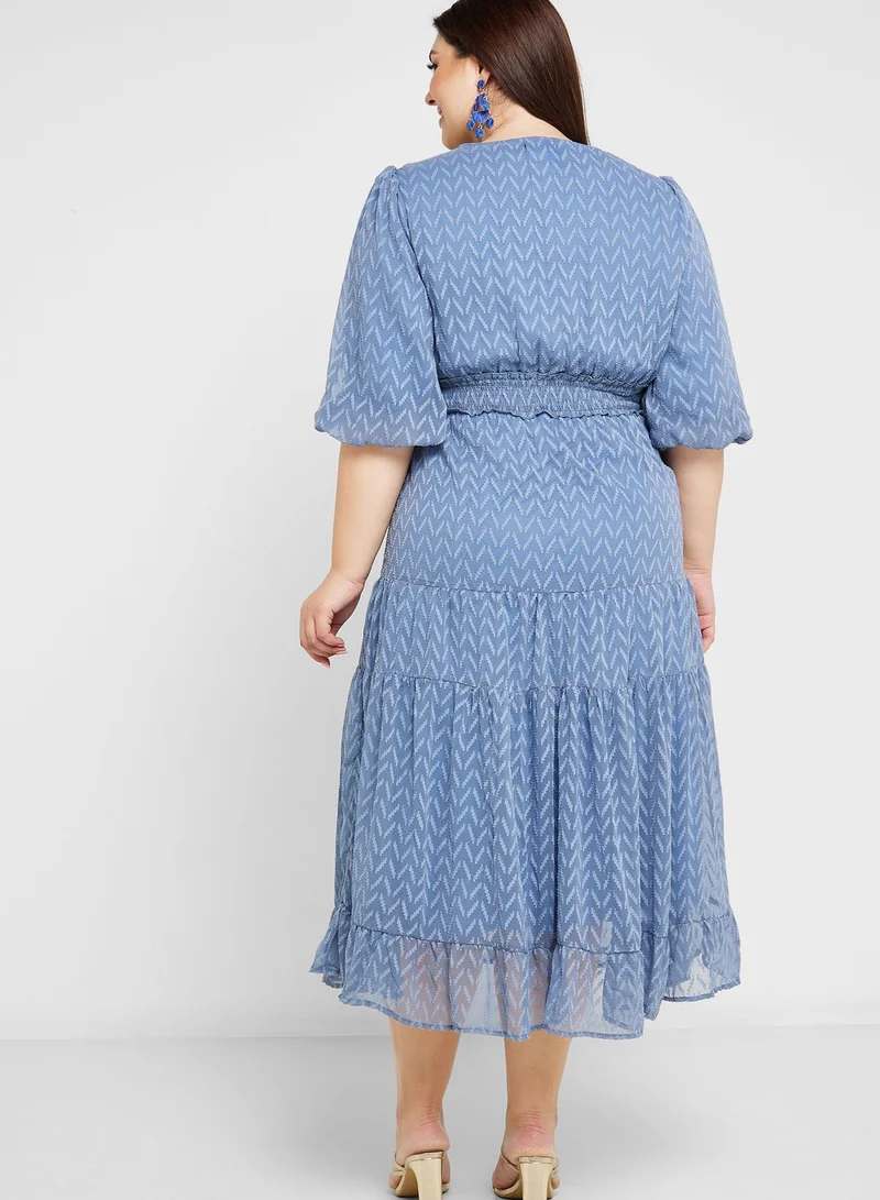 Ella Plus Belted Bell Sleeve Chevron Detail Dress