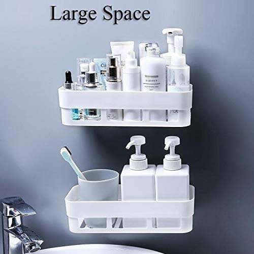 JEEJEX Kitchen Shelf Storage Rack Self Adhesive Traceless Rectangular Box Storage Organizer Plastic Hanging Toilet Bathroom Kitchen Desktop Wall Mount No Driling Required(Material-plastic,Color-White) - Image 3