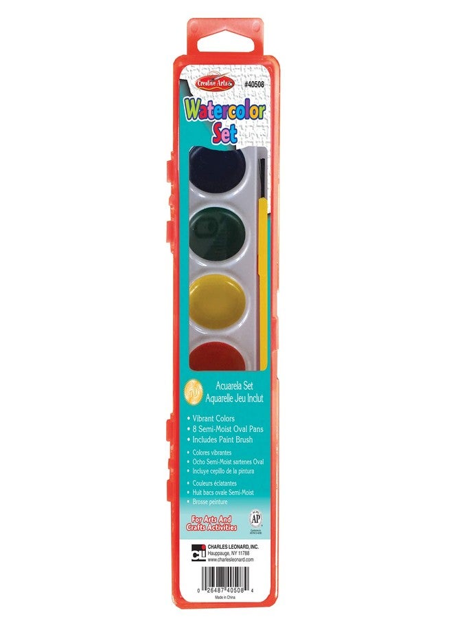 Charles Leonard, Inc. Semi-Moist Watercolor Paint Set, Oval Pan with Brush, 8 Assorted Colors, 1 Set - Image 1