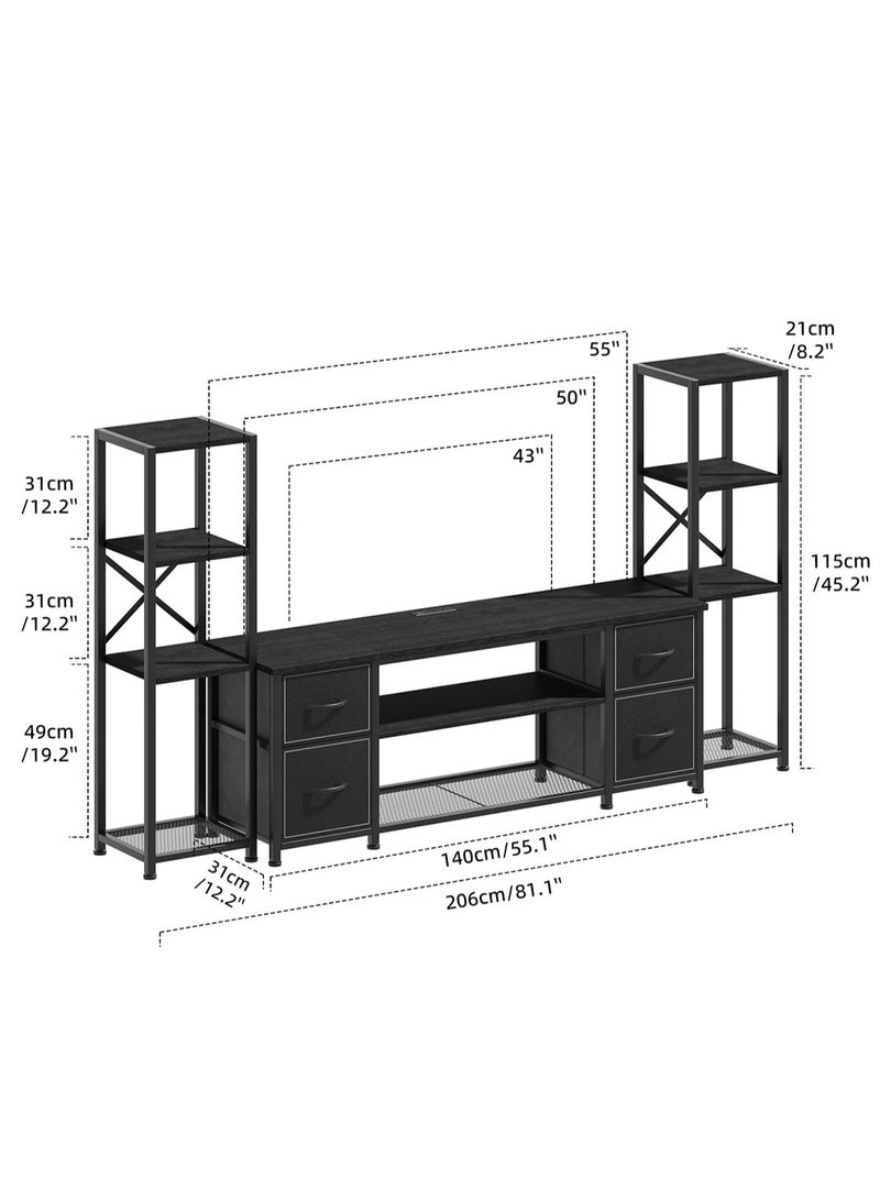 يانارا طاولة تلفزيون لشاشات حتى 55 بوصة – وحدة ترفيه مع رفوف تخزين مفتوحة، طاولة وحدة وسائط مع رف لمكبر الصوت، باللون الأسود، لغرفة المعيشة وغرفة النوم - Image 3
