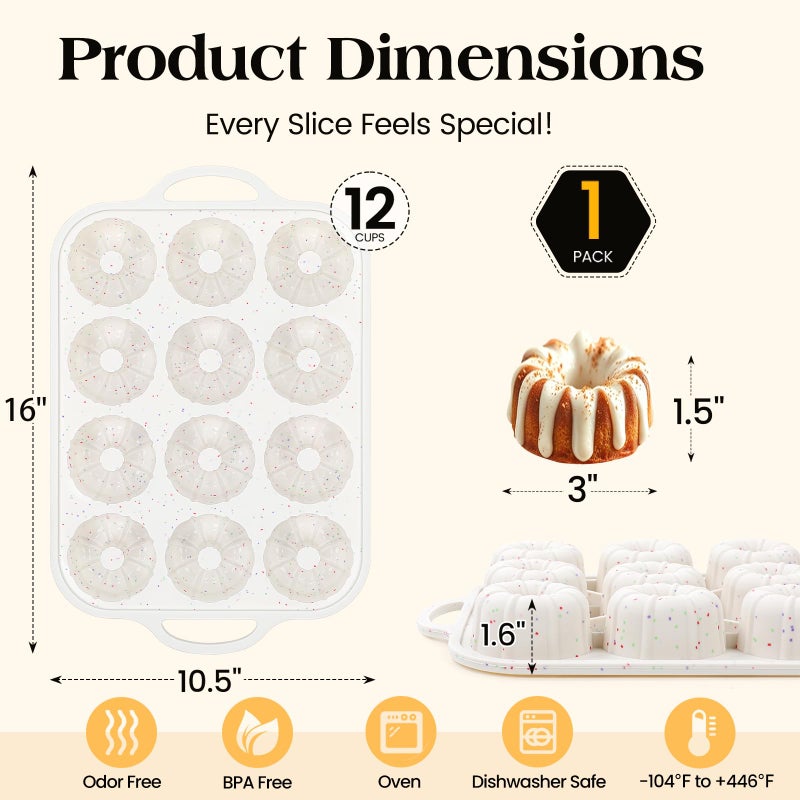 Vinino Silicone Mini Fluted Tube Cake Pans with Metal Reinforced Frame, 12-Cavity Mini Flan Molds, Non-stick Cupcakes Pans for Baking, Donuts, Muffins, Cornbread, Brownies, Jellies - Image 4