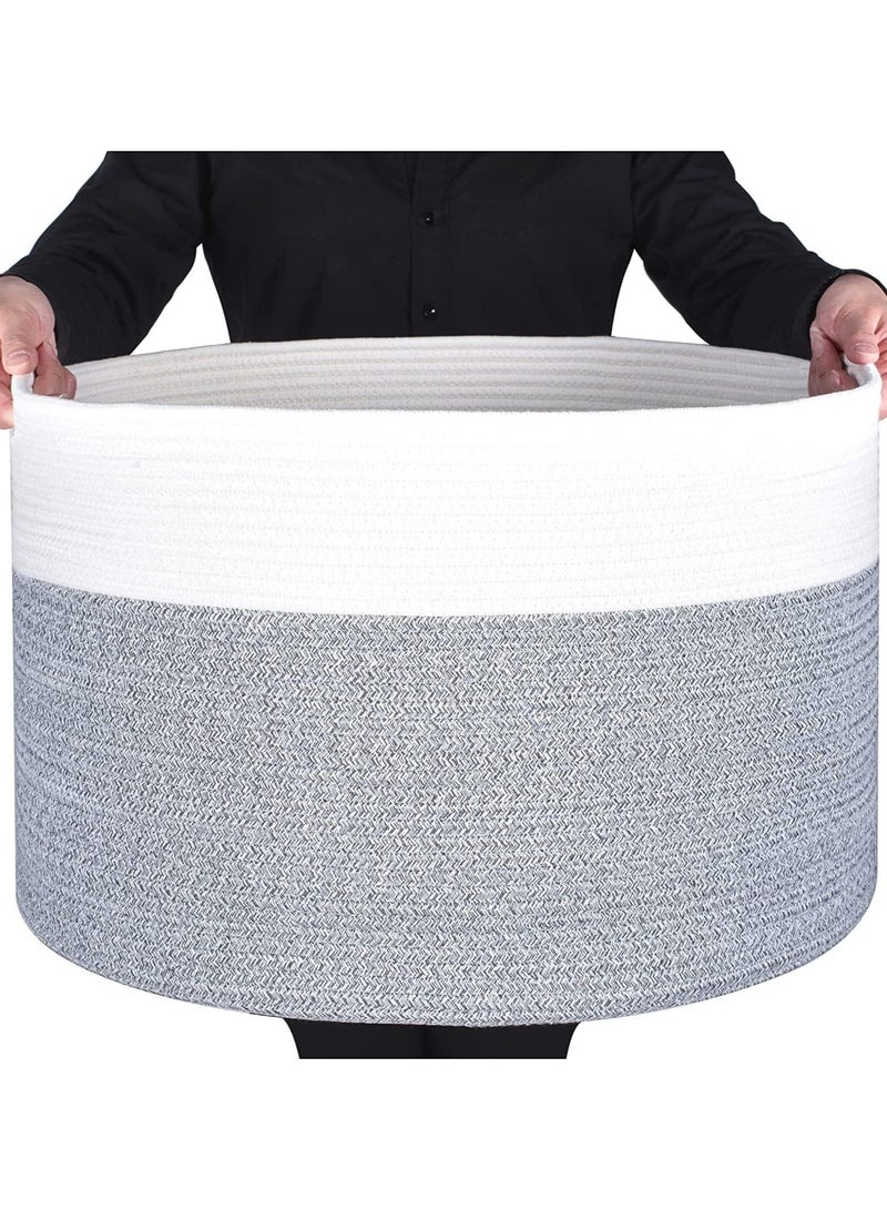 TYCOM Laundry Hamper Cotton Rope Basket Woven Laundry Basket for Blankets Storage Hamper with Handle Comforter Cushions Storage Bins Thread Blanket, Towels, Home Storage - White Light Grey - Image 1