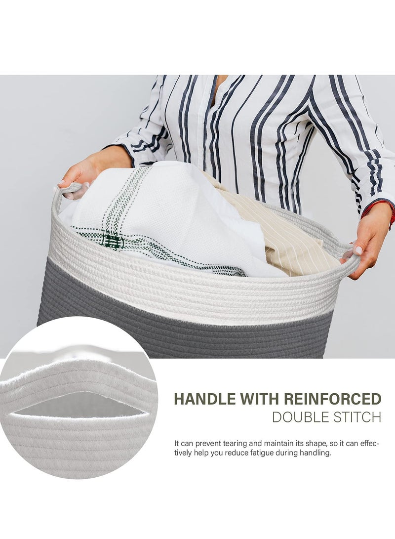TYCOM Laundry Hamper Cotton Rope Basket Woven Laundry Basket for Blankets Storage Hamper with Handle Comforter Cushions Storage Bins Thread Blanket, Towels, Home Storage - White Light Grey - Image 5