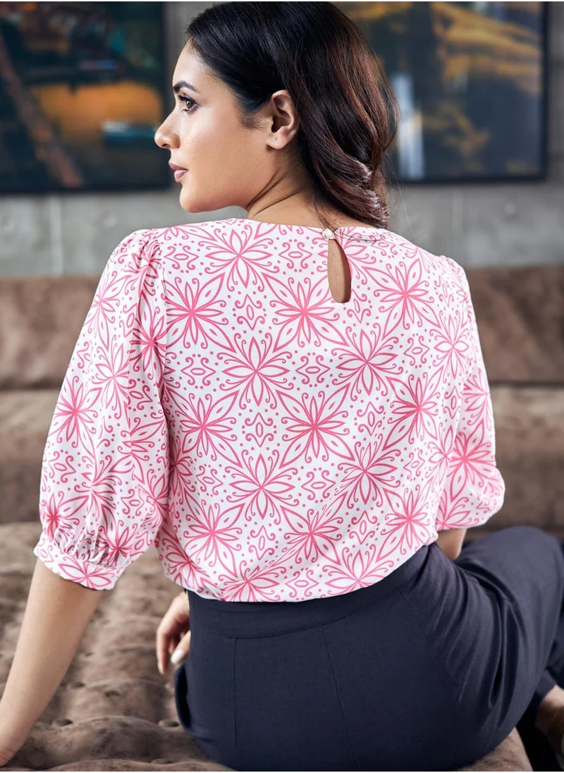 Zigzag Half Sleeve Printed Pink Top