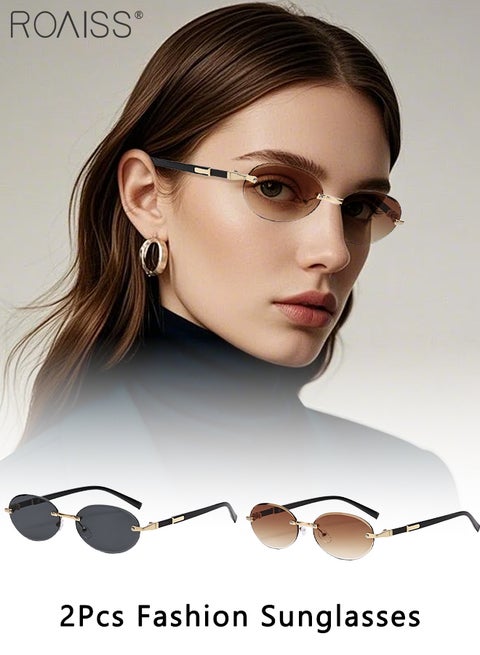 2Pcs Oval Rimless Sunglasses for Women, UV400 Protection Sun Glasses, Fashion Decorative Eyewear for Outdoor Party Street Photography