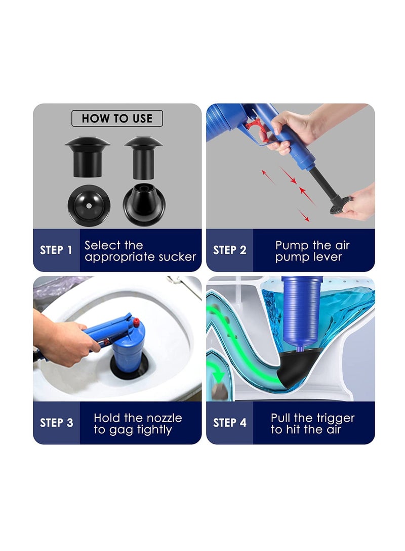 Toilet Plunger, Drain Clog Remover with 4 Sized Suckers, Sewer Dredge Tool, High Pressure Air Drain Blaster Gun, Tub Drain Cleaner Opener, Sink Plunger Cleaner - Image 5