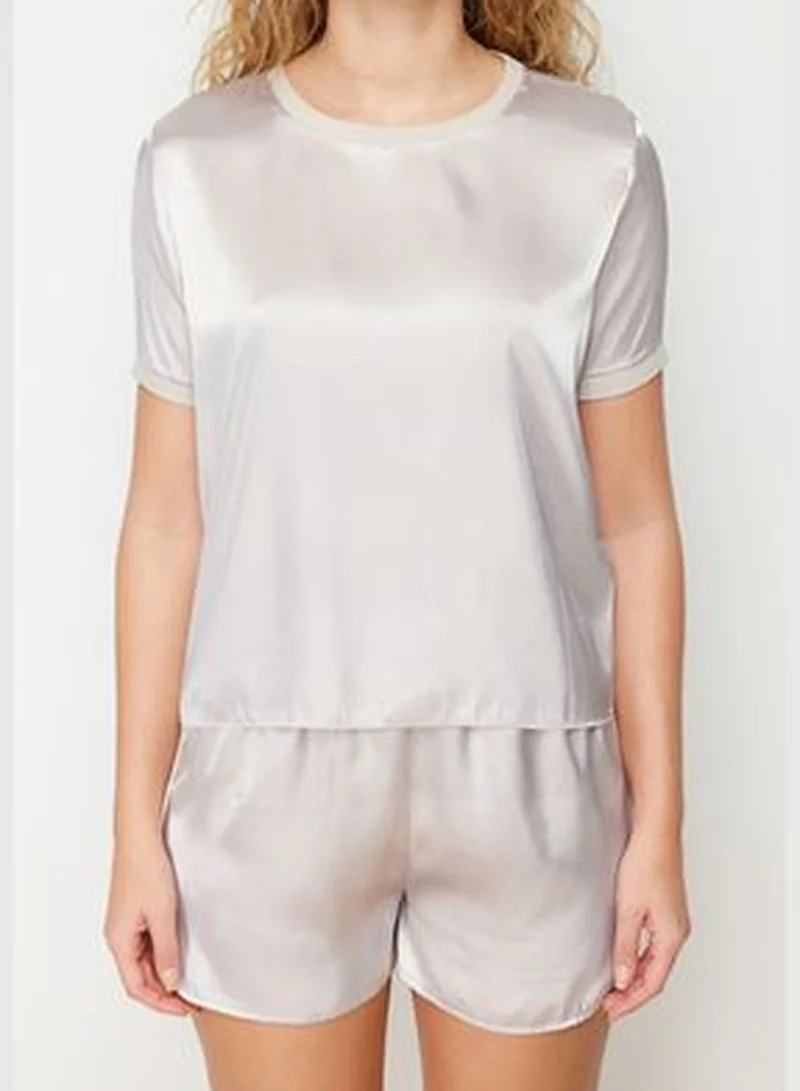 trendyol Beige Satin Tshirt-Shorts Woven Pajama Set THMSS24PT00091