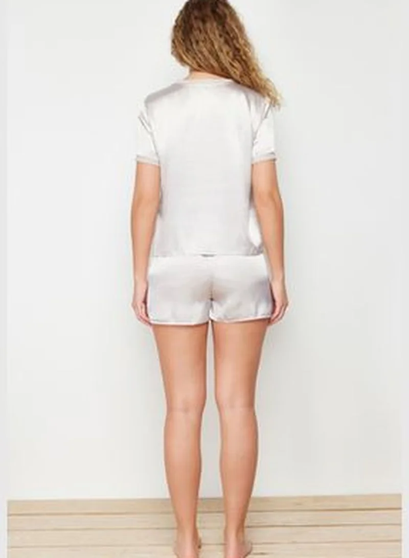 trendyol Beige Satin Tshirt-Shorts Woven Pajama Set THMSS24PT00091
