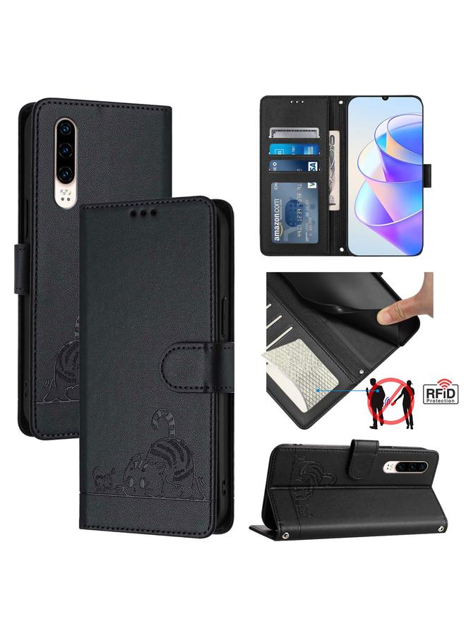 Zaboon Case For Huawei P30 Cat Rat Embossed Pattern RFID Leather Phone Case with Lanyard - Image 1