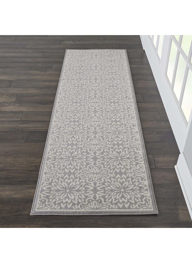 Nourison سجادة منطقة زهرية مبهجة باللون العاجي/الرمادي 2'3'' x 7'3''، سهلة التنظيف، غير متساقطة، غرفة نوم، غرفة معيشة، غرفة طعام، مطبخ (2x7) - Image 1
