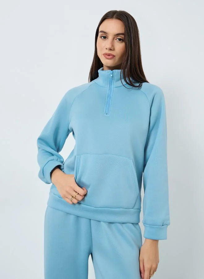 Styli Blue Solid Zip Collar Sweatshirt and Joggers Set