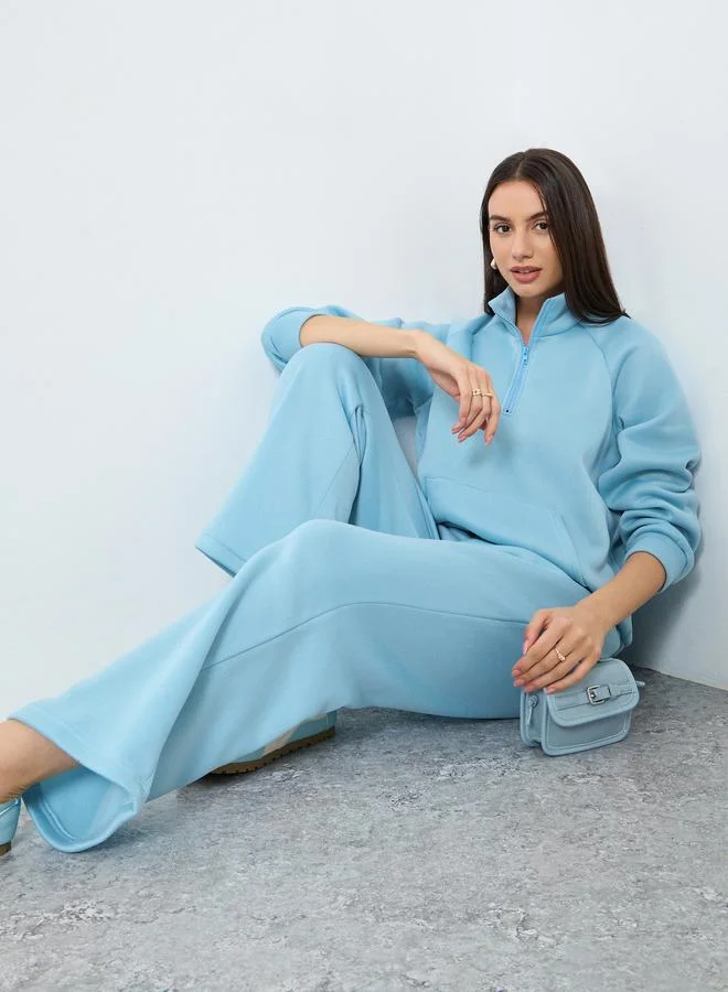 Blue Solid Zip Collar Sweatshirt and Joggers Set