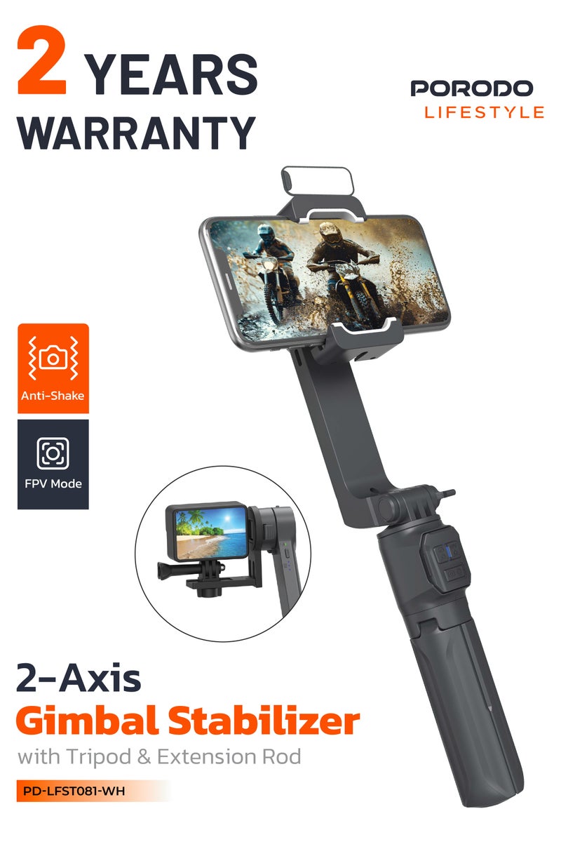 porodo 2-Axis Gimbal Stabilizer with Detachable Light / FPV Mode / LED Lamp / Anti-Shake Gimbal / Compatible with Smartphones and Action Camera - Black  - Image 1
