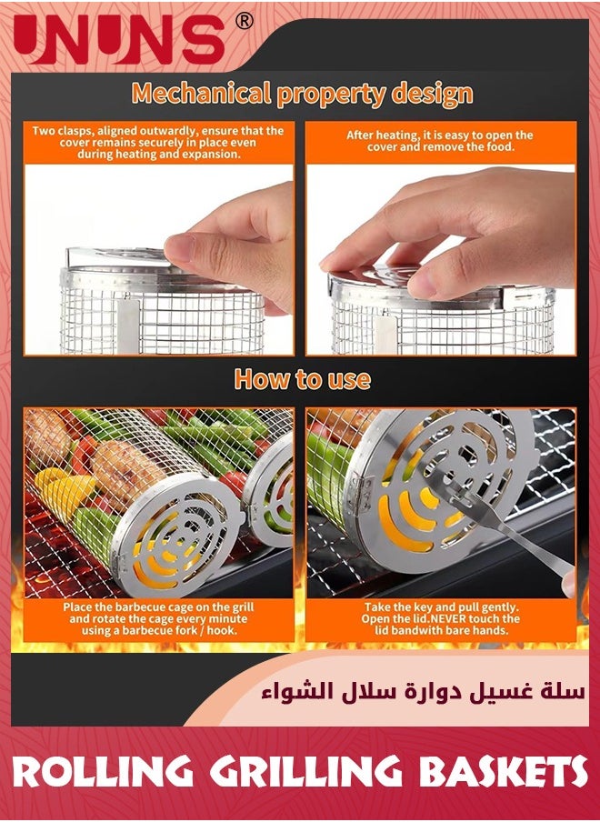 8 Pack Rolling Grilling Baskets,Rolling Grilling Baskets For Outdoor,Net Tube Stainless Steel Large Round Mesh Barbecue Cylinder Cage Cooking Accessories for Veggies Vegetable Fish Camping