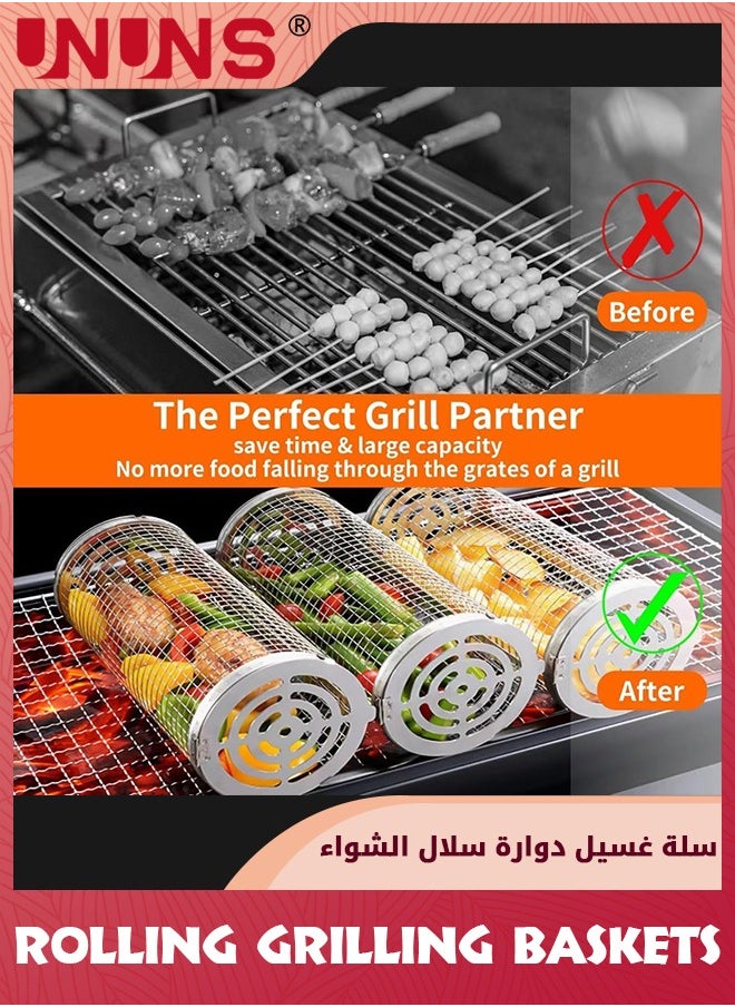 8 Pack Rolling Grilling Baskets,Rolling Grilling Baskets For Outdoor,Net Tube Stainless Steel Large Round Mesh Barbecue Cylinder Cage Cooking Accessories for Veggies Vegetable Fish Camping