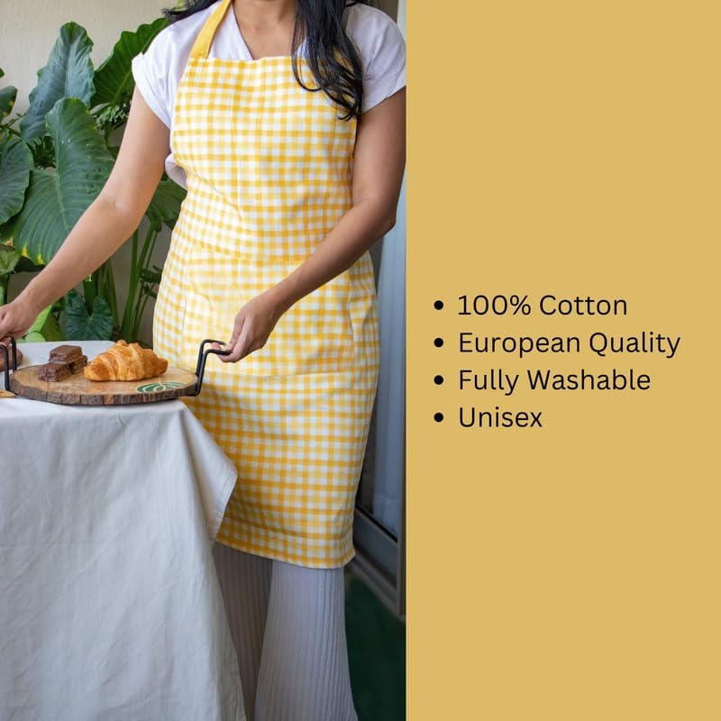 Oak & Lily 100% Cotton Chef Apron | Unisex | Large Front Pocket | Free Size | Machine Washable | European Quality | For Cooking, Baking & BBQ | Yellow Checkered - Image 4