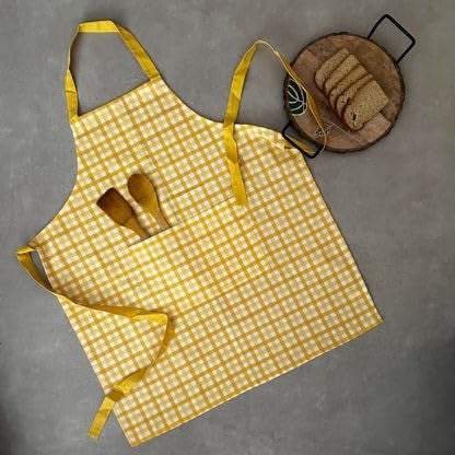 Oak & Lily 100% Cotton Chef Apron | Unisex | Large Front Pocket | Free Size | Machine Washable | European Quality | For Cooking, Baking & BBQ | Yellow Checkered - Image 2