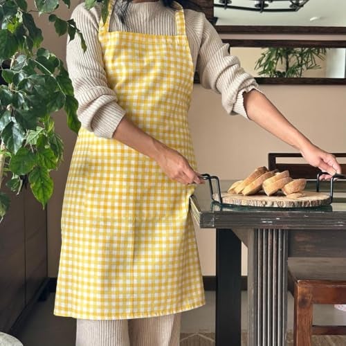 Oak & Lily 100% Cotton Chef Apron | Unisex | Large Front Pocket | Free Size | Machine Washable | European Quality | For Cooking, Baking & BBQ | Yellow Checkered - Image 1