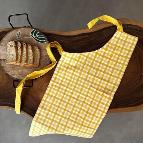 Oak & Lily 100% Cotton Chef Apron | Unisex | Large Front Pocket | Free Size | Machine Washable | European Quality | For Cooking, Baking & BBQ | Yellow Checkered - Image 3