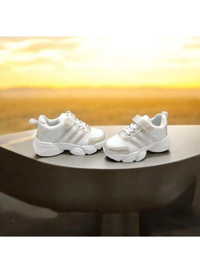 سنيكرز أطفال chunky أبيض في دهبي فاخر، كوتشي أطفال أبيض دهبي بحزام فيلكرو سهل اللبس مع رباط، حذاء رياضي kids sneakers مميز للجري والمشاوير والمدرسة، تصميم حصري سنيكر أطفال لون دهب أنيق يناسب البنات والأولاد - Image 1