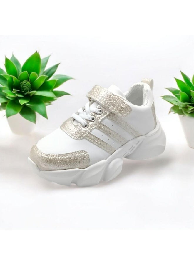 سنيكرز أطفال chunky أبيض في دهبي فاخر، كوتشي أطفال أبيض دهبي بحزام فيلكرو سهل اللبس مع رباط، حذاء رياضي kids sneakers مميز للجري والمشاوير والمدرسة، تصميم حصري سنيكر أطفال لون دهب أنيق يناسب البنات والأولاد - Image 2