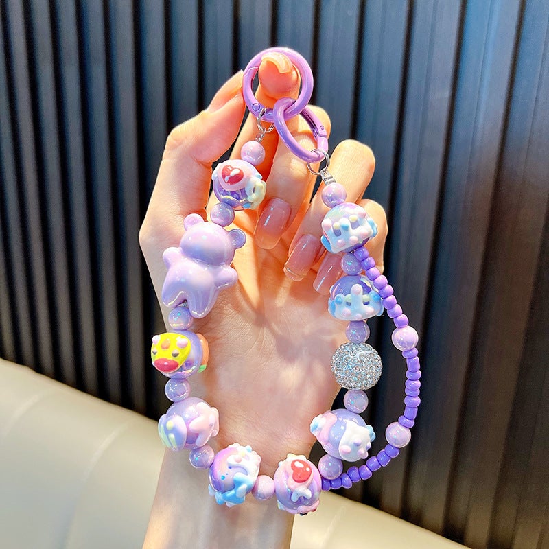 Creative Hand-Painted Bear Beads Mobile Phone Chain Keychain Bag Accessory Couple Gift Keychain Jewelry Fashion Accessories Purple-cute bear beaded bracelet (note: shipped by color, hand-painted beads, doll letters, random)